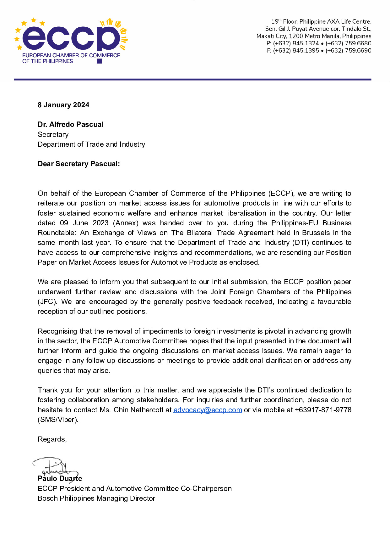 ECCP Position on Market Access Issues in the Automotive Industry