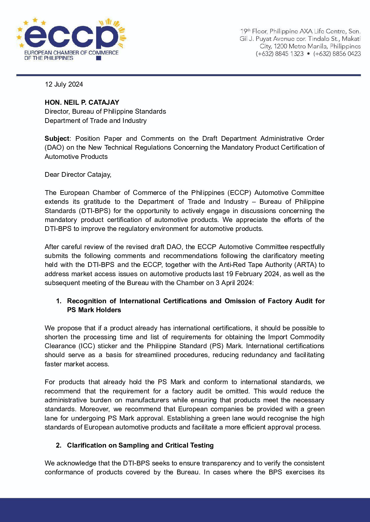 Position Paper and Comments on the Draft Department Administrative Order (DAO) on the New Technical Regulations Concerning the Mandatory Product Certification of Automotive Products