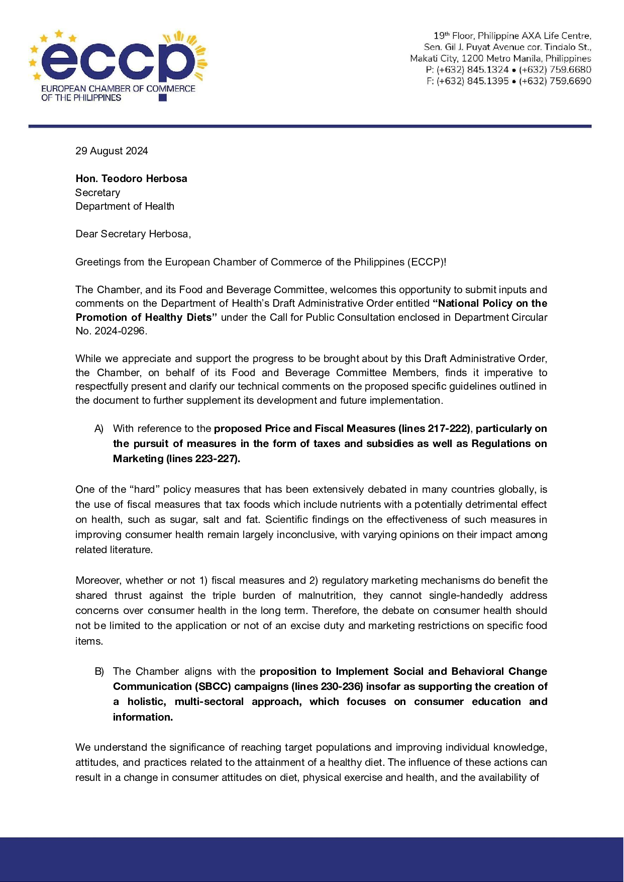 ECCP Position Paper on the "National Policy on the Promotion of Healthy Diets," as outlined in Department Circular No. 2024-0296.