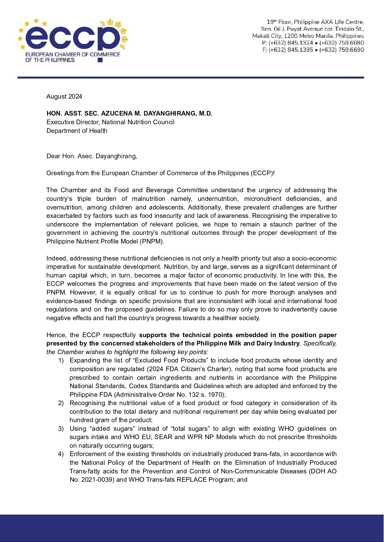 ECCP Supplemental Position Paper on the Technical Findings on the ‘Near Final’ Philippine Nutrient Profiling Model (PNPM)