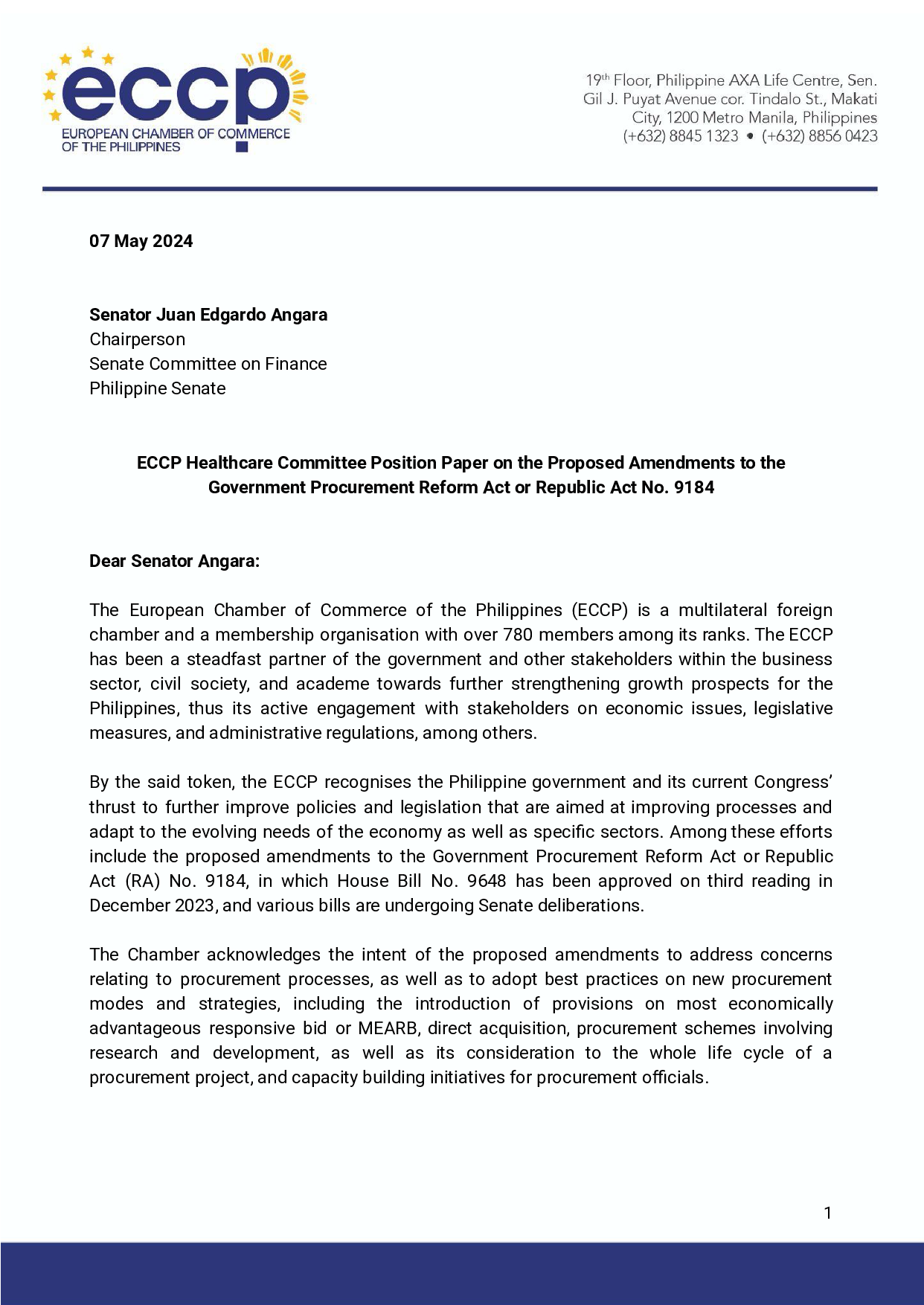 ECCP Position Paper on the Proposed Amendments to the Government Reform Procurement Act or RA 9184