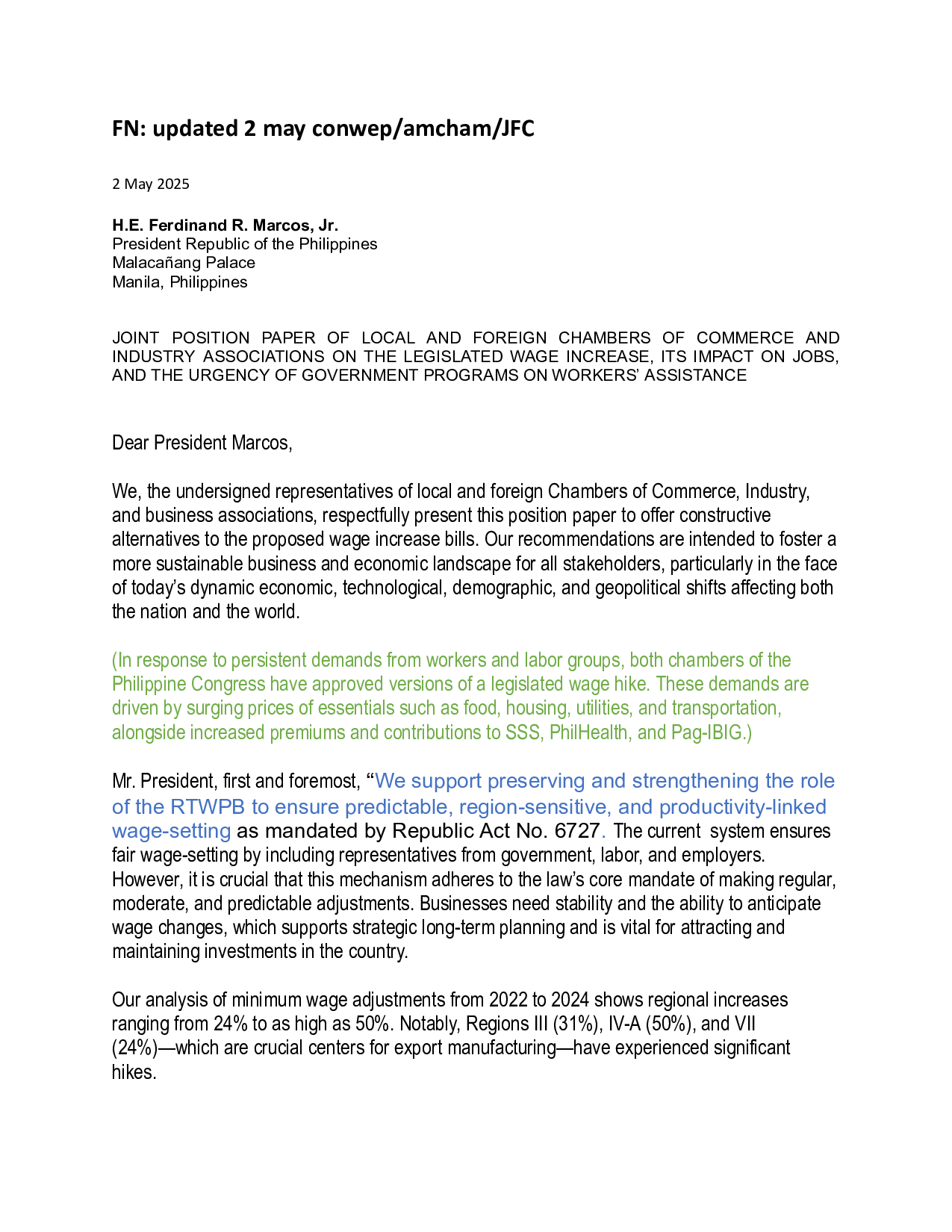 Joint Position Paper of Local and Foreign Chambers of Commerce and Indsutry Associations on the Legislated Wage Increase, its Impact on Jobs, and the Urgency of Government Programs on Workers' Assistance