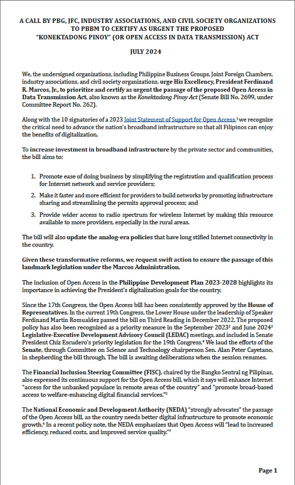 Joint Statement by PBG, JFC, Industry Associations, and Civil Society Organizations to Certify as Urgent the Proposed “Konektadong Pinoy” (Or Open Access in Data Transmission) Act