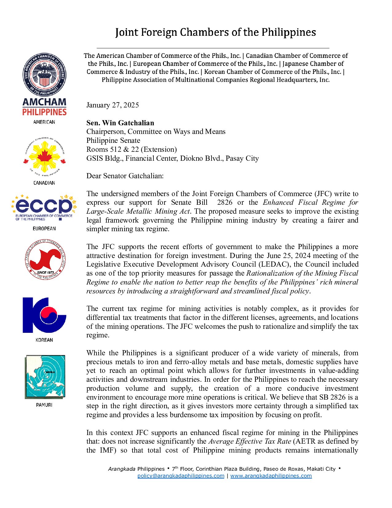 JFC Position on Senate Bill  2826 or the Enhanced Fiscal Regime for Large-Scale Metallic Mining Act.