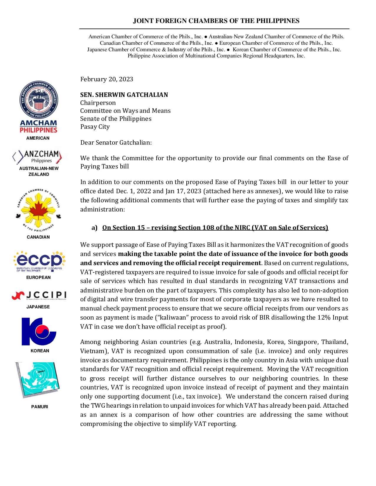 JFC position paper to SWMC Chair Gatchalian on Ease of Paying Taxes Act