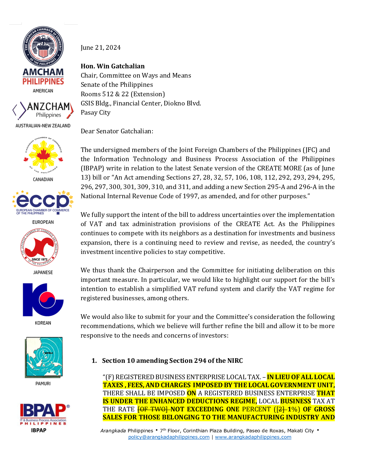 JFC & IBPAP Position Paper on CREATE MORE