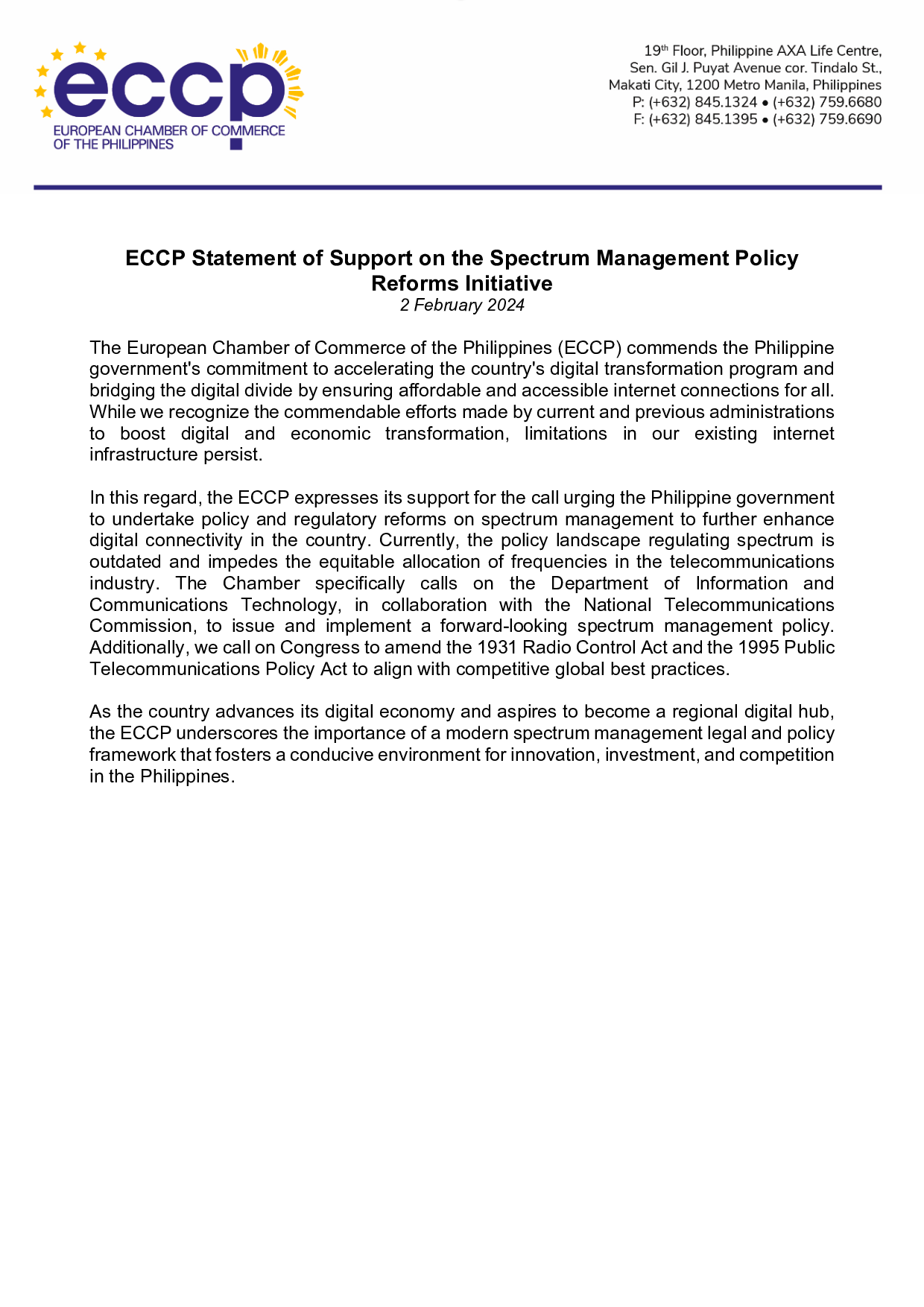ECCP Statement of Support on the Spectrum Management Policy Reforms Initiative